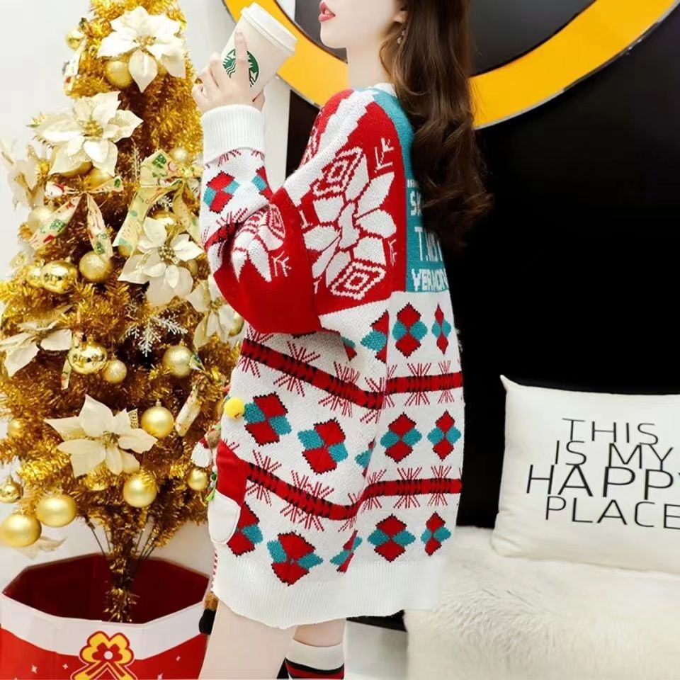 Versatile Loose Round-neck Red Christmas Sweater Women