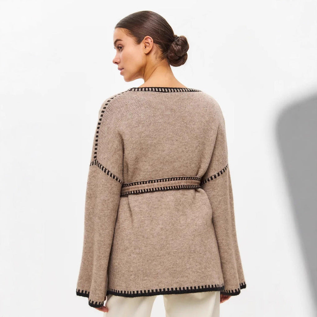 Lace-up Knitted Cardigan Loose Mid-length Sweater Coat