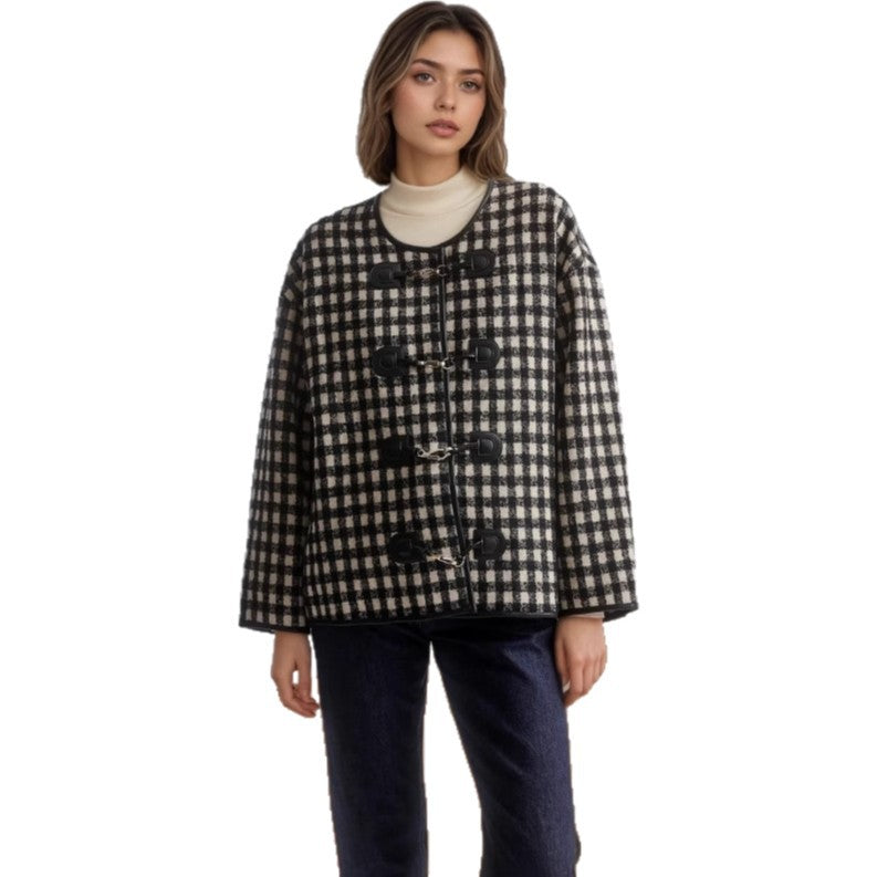 Metal Buckle Decorative Round Neck Hemming Shorts Jacket