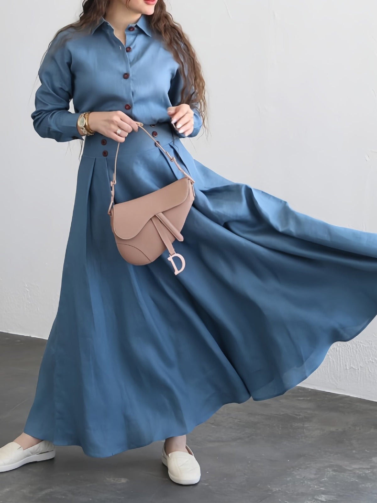 Solid Color Shirt & High Waist Skirt Suit