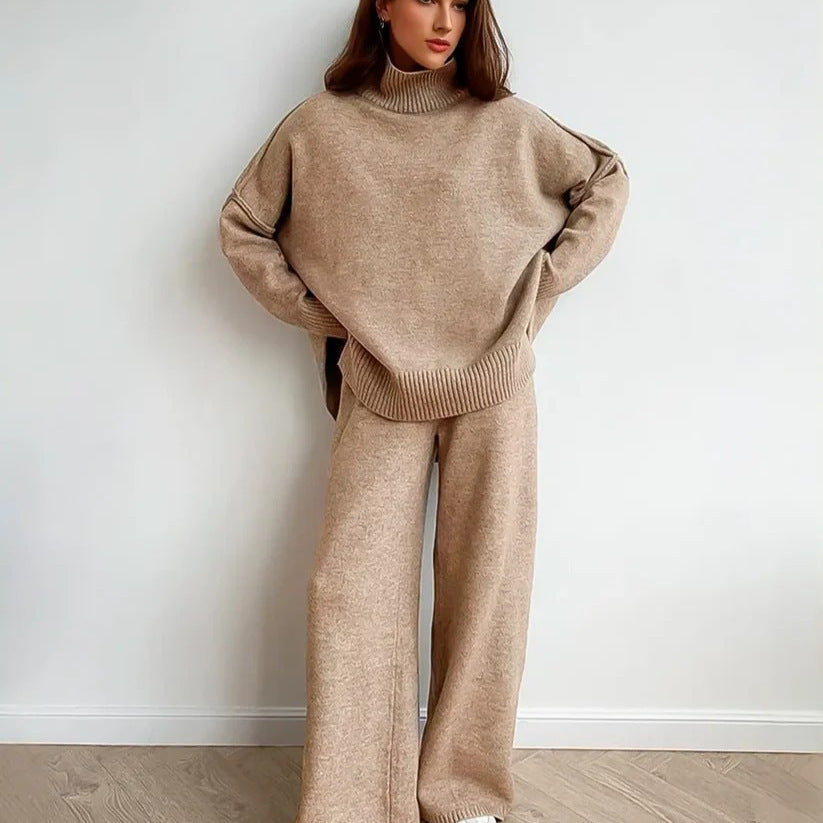 Casual Laid-back Style Solid Color Loose High Collar Knitted Sweater Suit