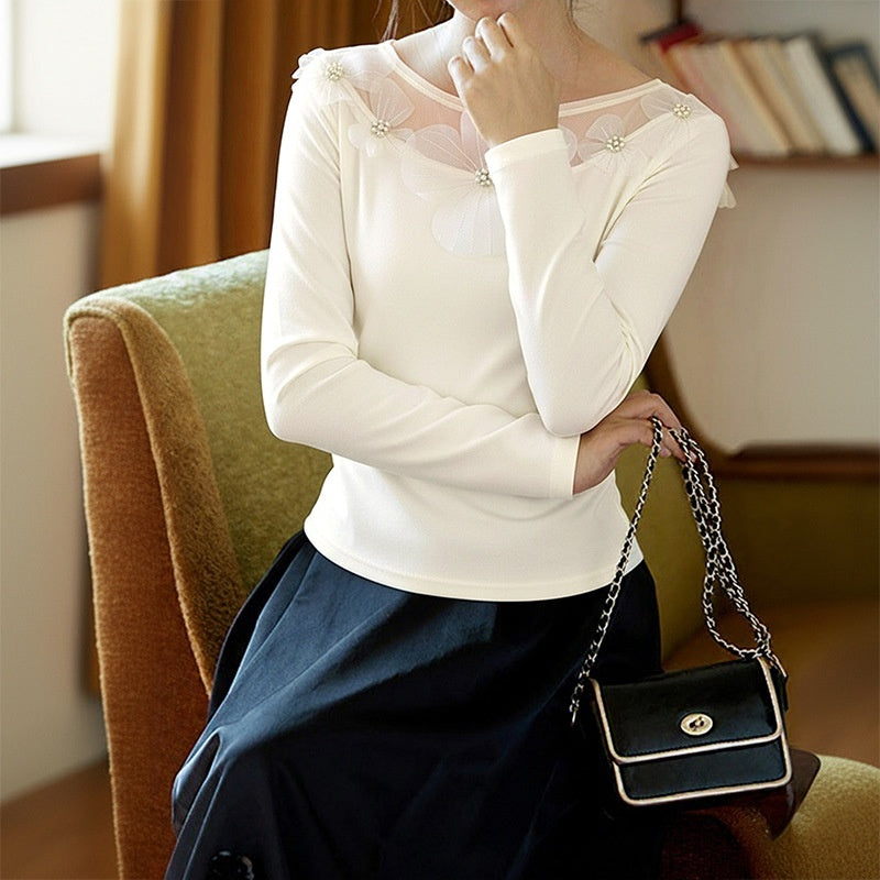 Elegant Commuter-Style Slim-Fit Solid-Color Top With Three-Dimensional Floral Mesh Panels