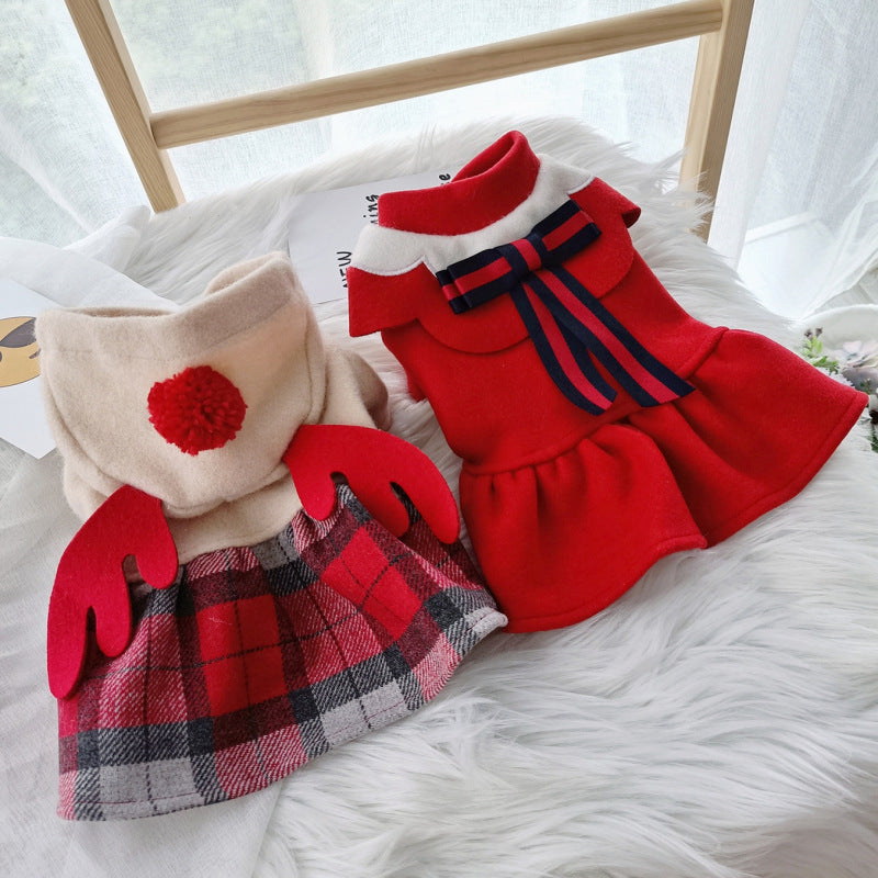Warm Clothes For Dogs And Cats Red Check Elk Skirt
