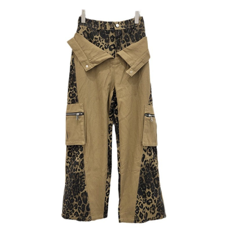 Retro High Waist Tooling Pants Fake Two Stitching Leopard Print Jeans