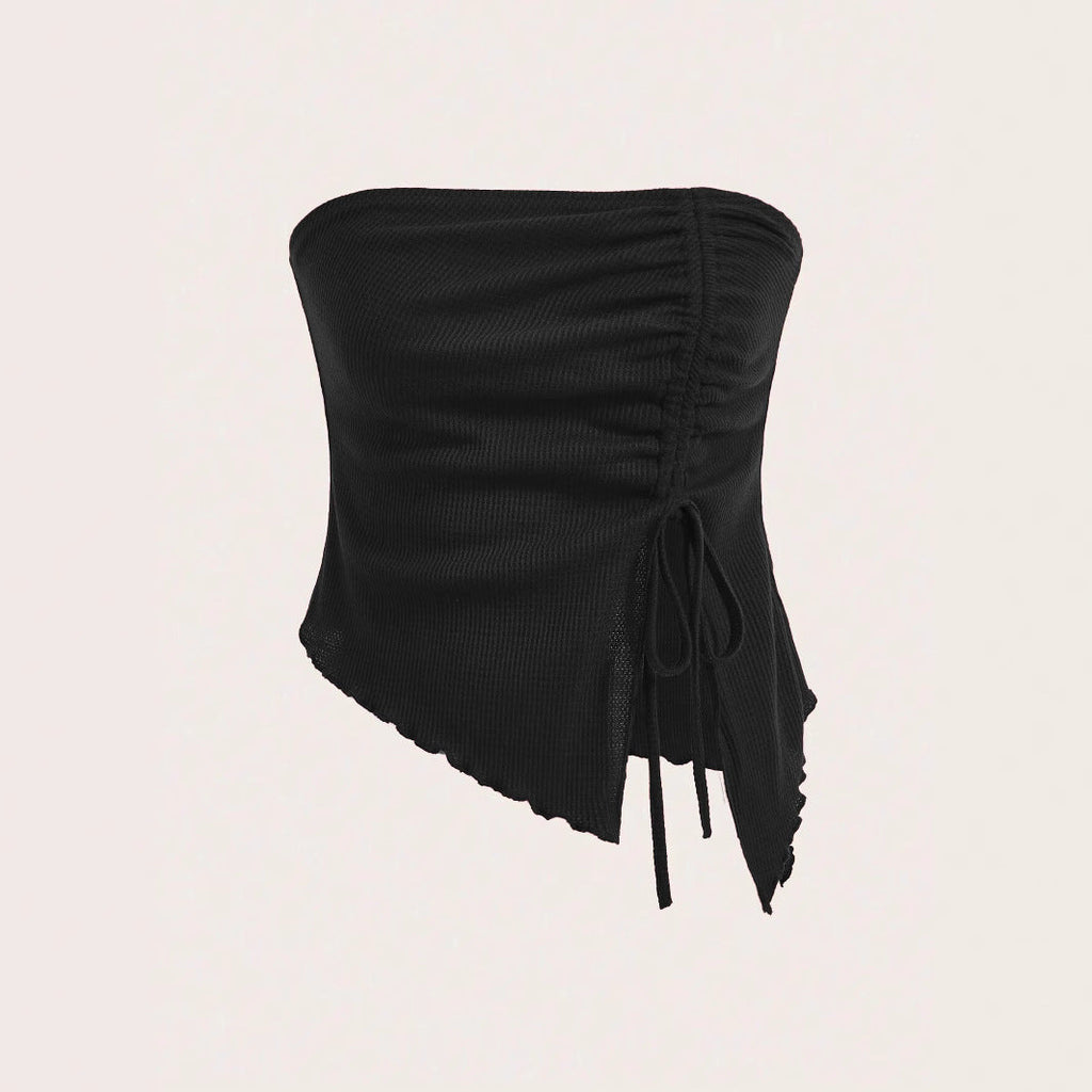Women's Summer New Arrival Drawstring Slit Asymmetrical Waffle-Texture Slim-fit Tube Top Bustier