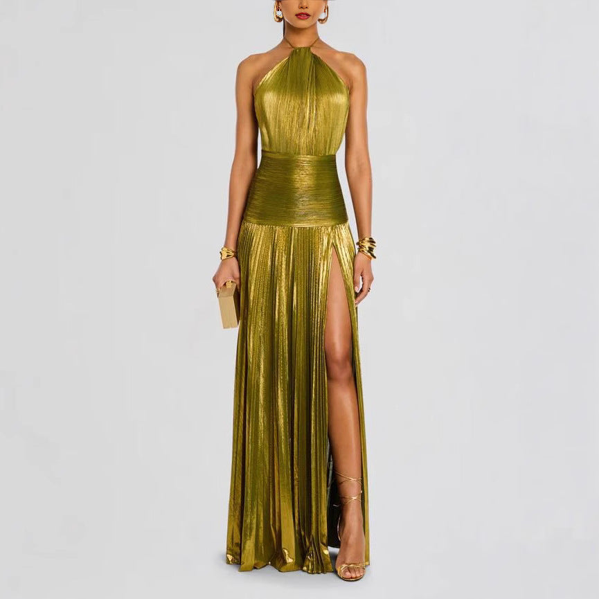 Sexy Pleated Halter Neck Long Dresses Summer Split Sleeveless Dress Evening Party Club Women's Clothing