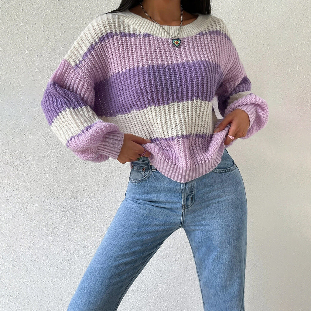 Autumn And Winter Long Sleeve Pullover Contrast Color Casual