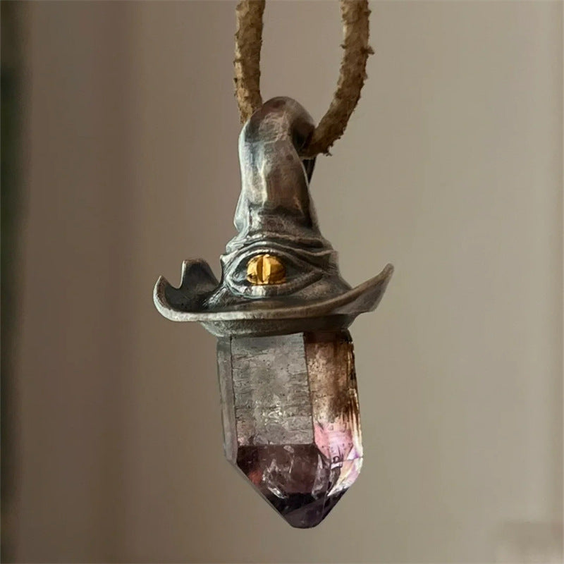 Retro Natural Amethyst Hexagonal Witch Hat Pendant Necklace