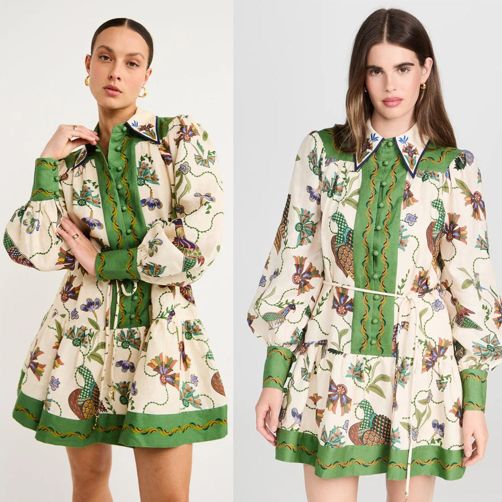 Long Sleeve Printing Lapel Dress