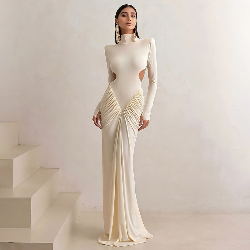 Long Sleeve High Collar Temperament Slim Fit Pleated Backless Dress
