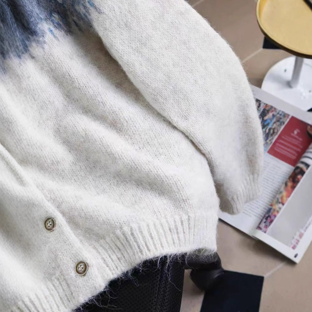 Contrast Color Jacquard Thickened Sweater Coat Women