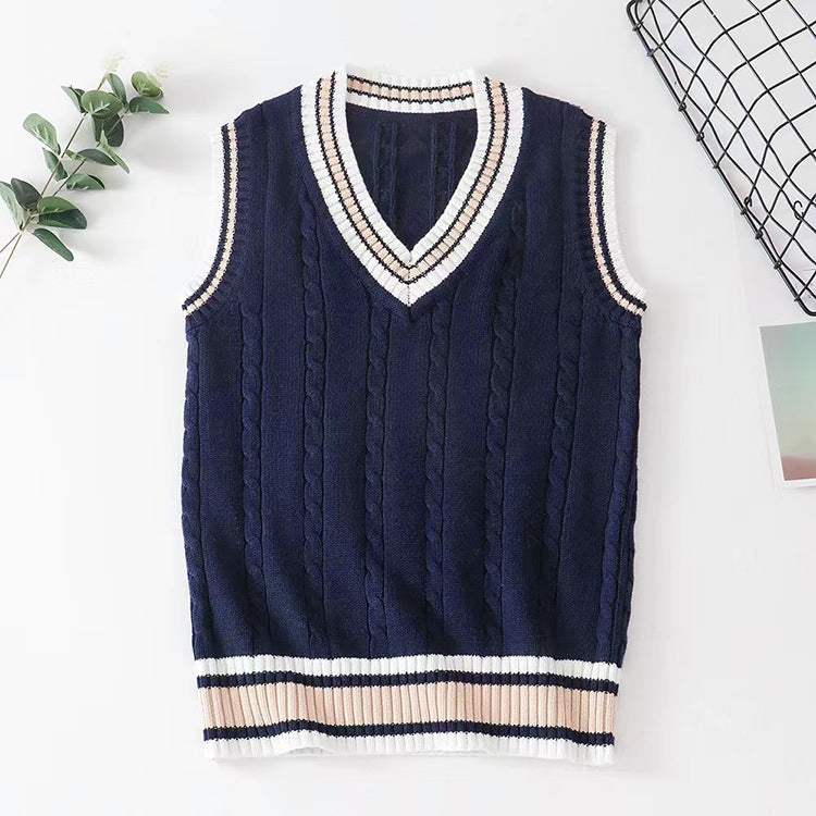 Thick V-neck Pullover Woolen Student Sleeveless School Uniform Sweater Vest