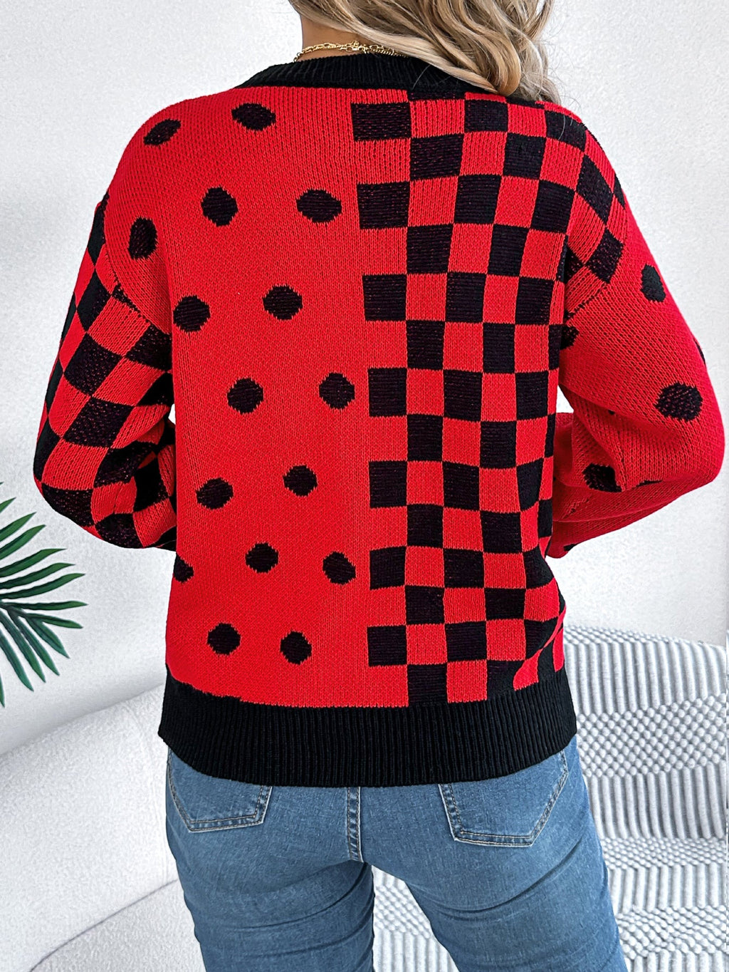 Women Casual Color Block Polka Dot Plaid Lantern Sleeve Pullover Sweater