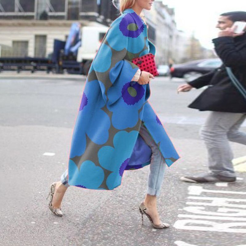 Women's Long Flared Sleeve Printed Loose Trench Coat