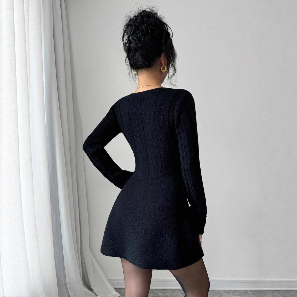 Women's Solid-Color V-Neck Knitted Dress