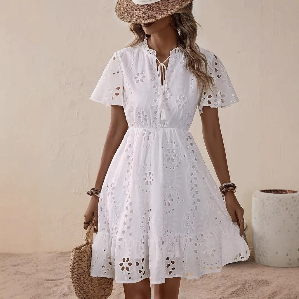Women's Elegant White V-neck Lace Embroidery Summer Dress