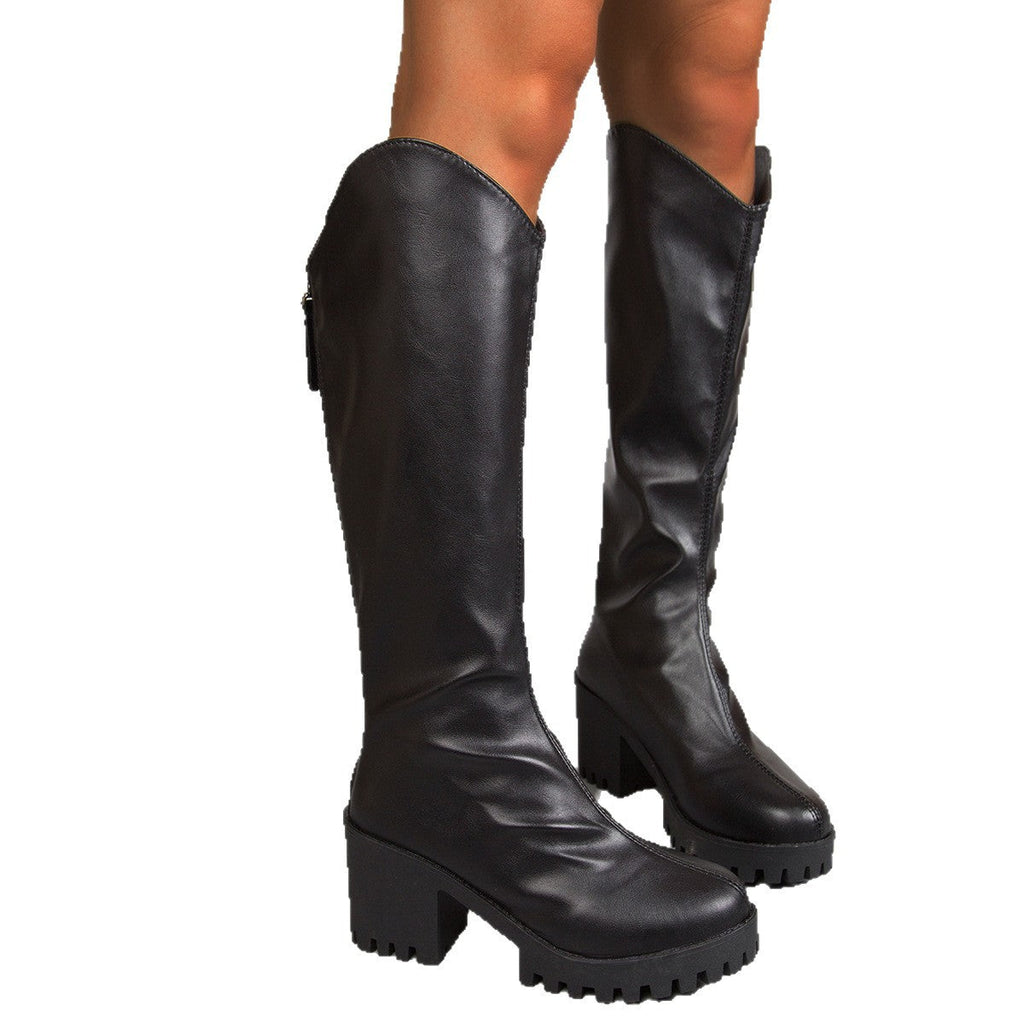 Thick High-heel Knee-high Boots V-neck Black Boots