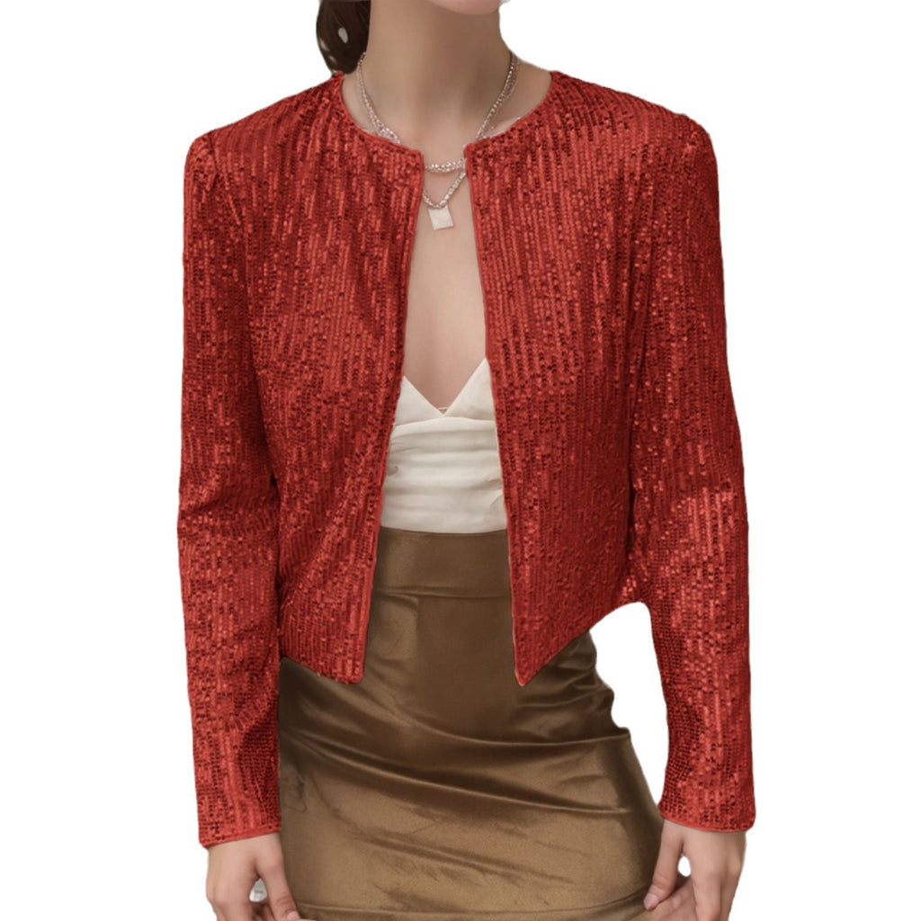 Crew-neck Long-sleeve Solid-color Cardigan Casual Sequin Jacket