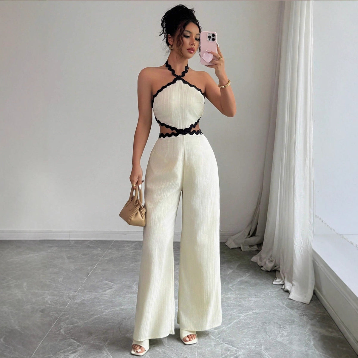 Women's Fashionable Wave Lace Texture Halter Stitching Hollow-out Jumpsuit