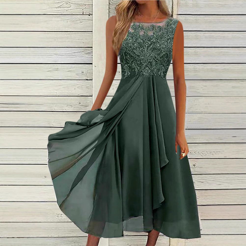Women's Sleeveless Stitching Lace Hollow-out Chiffon Dress