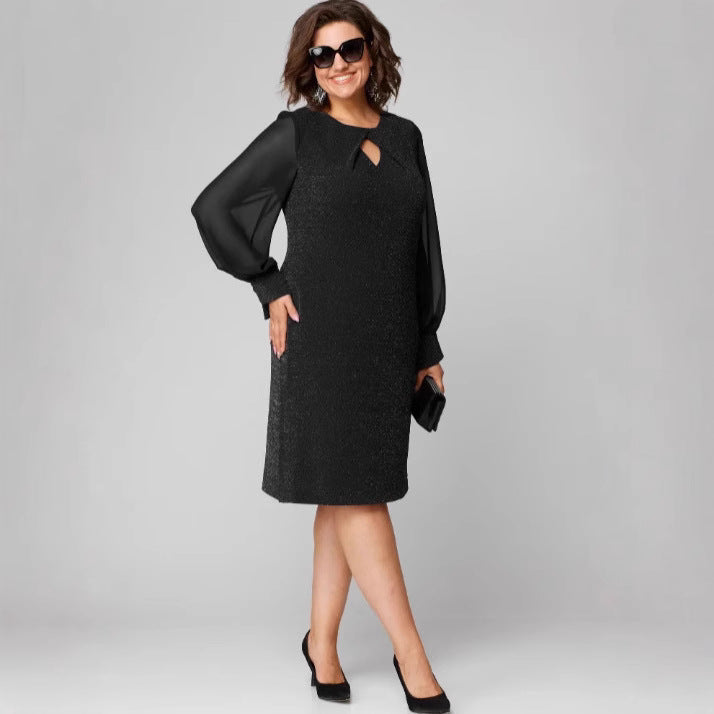 Solid Color Dress Mesh Chiffon Long Sleeve Round Neck