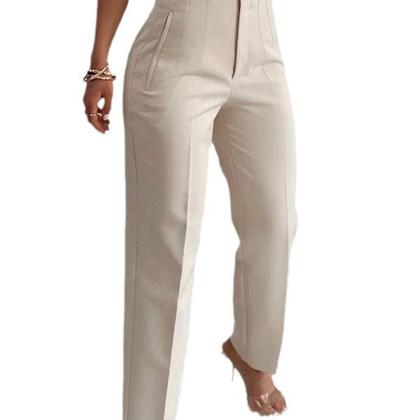 Pleated Casual High Waist Pure Color Slim-fit Basic Pants