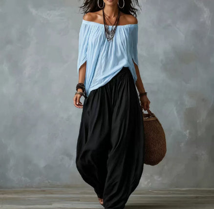 Women's Off-Shoulder Suit Long Sleeve Top And Flare Leg Pants Set - Loose Fit Casual Two Piece Outfit