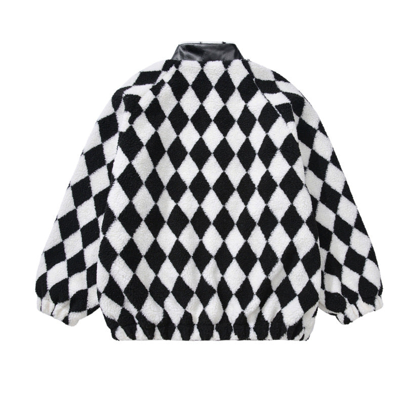 Street Black And White Plaid Leather Patchwork Lamb Wool Coat