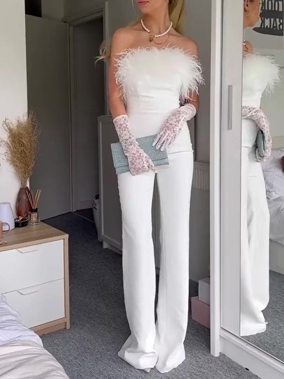 Elegant White Off-Shoulder Jumpsuit With Feather Accents