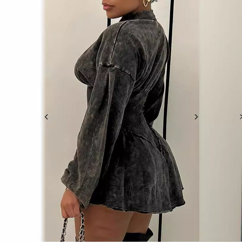 Digital Printing Gray Drawstring Slim-fit Design Sense Dress