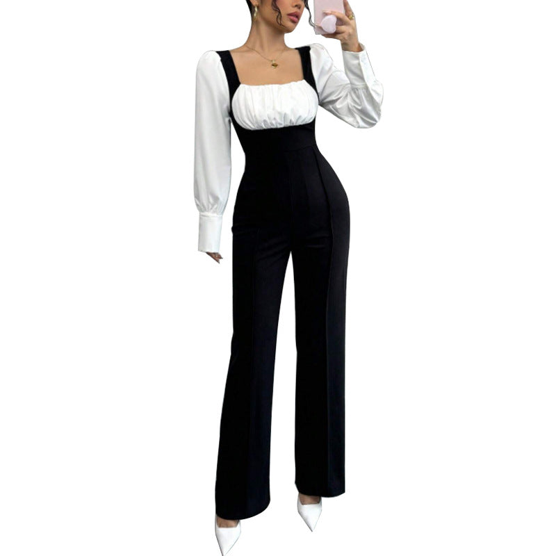 Long-sleeve Color-block Jumpsuit With Pants