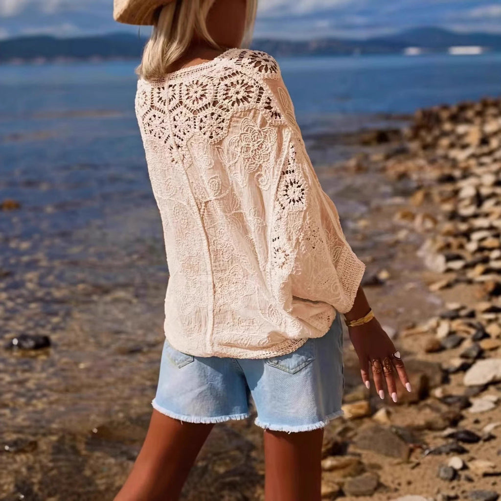 V-neck Hollow-out Knit Top With Three-quarter Sleevesloose-fit