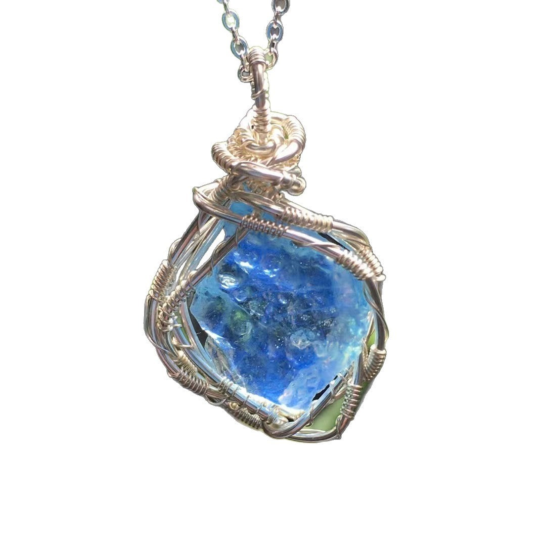 Natural Aquamarine Raw Stone Handmade Copper Wire Crystal Pendant