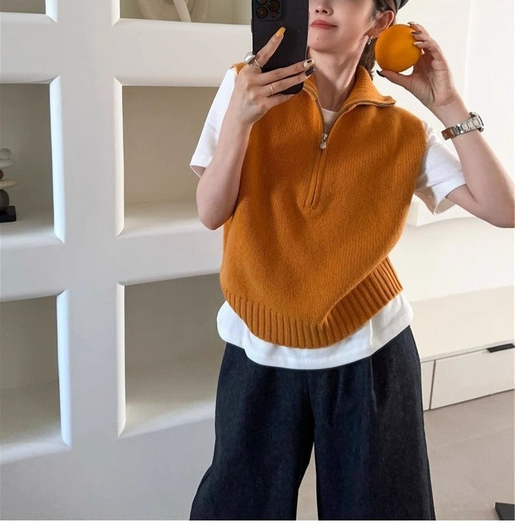 Retro Half Zipper Sleeveless Knit Vest