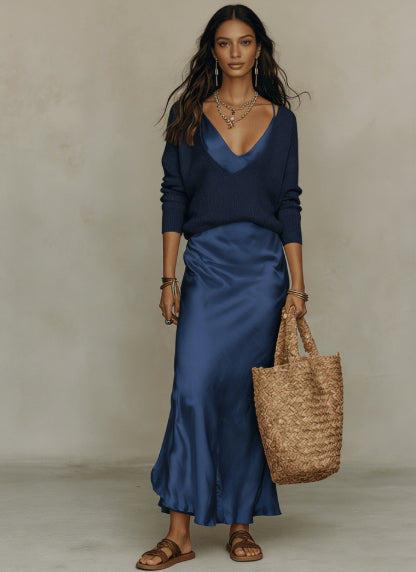 Women's Chic Satin Maxi Dress 2 Pieces Sets Sexy Straps Sleeveless Long Sleeve Top Evening Dresses Elegant New Party Street Gown