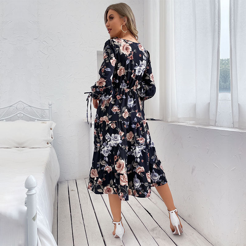 Womens Crew-neck Long-sleeve Tie-dye Printed Dress