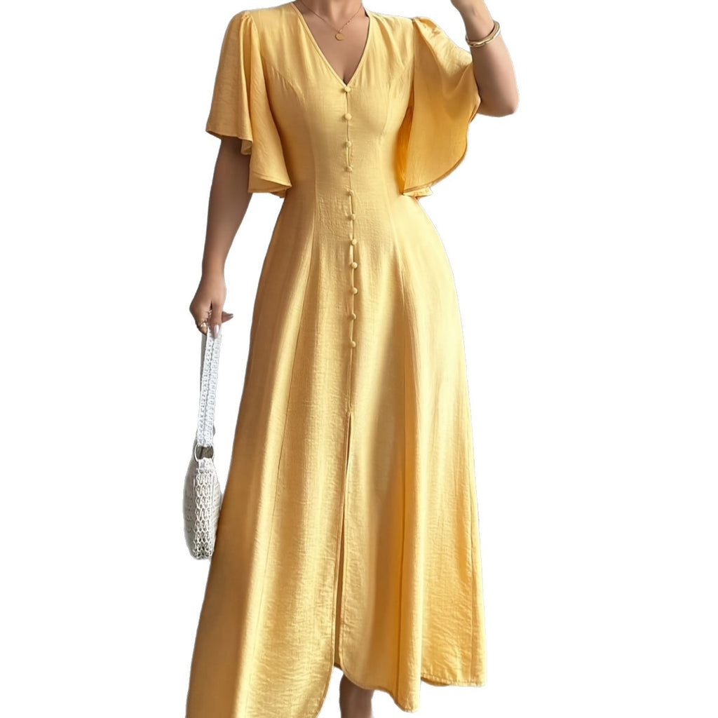 Women's Solid-Colored Split Simple Dress With Petal Sleeves