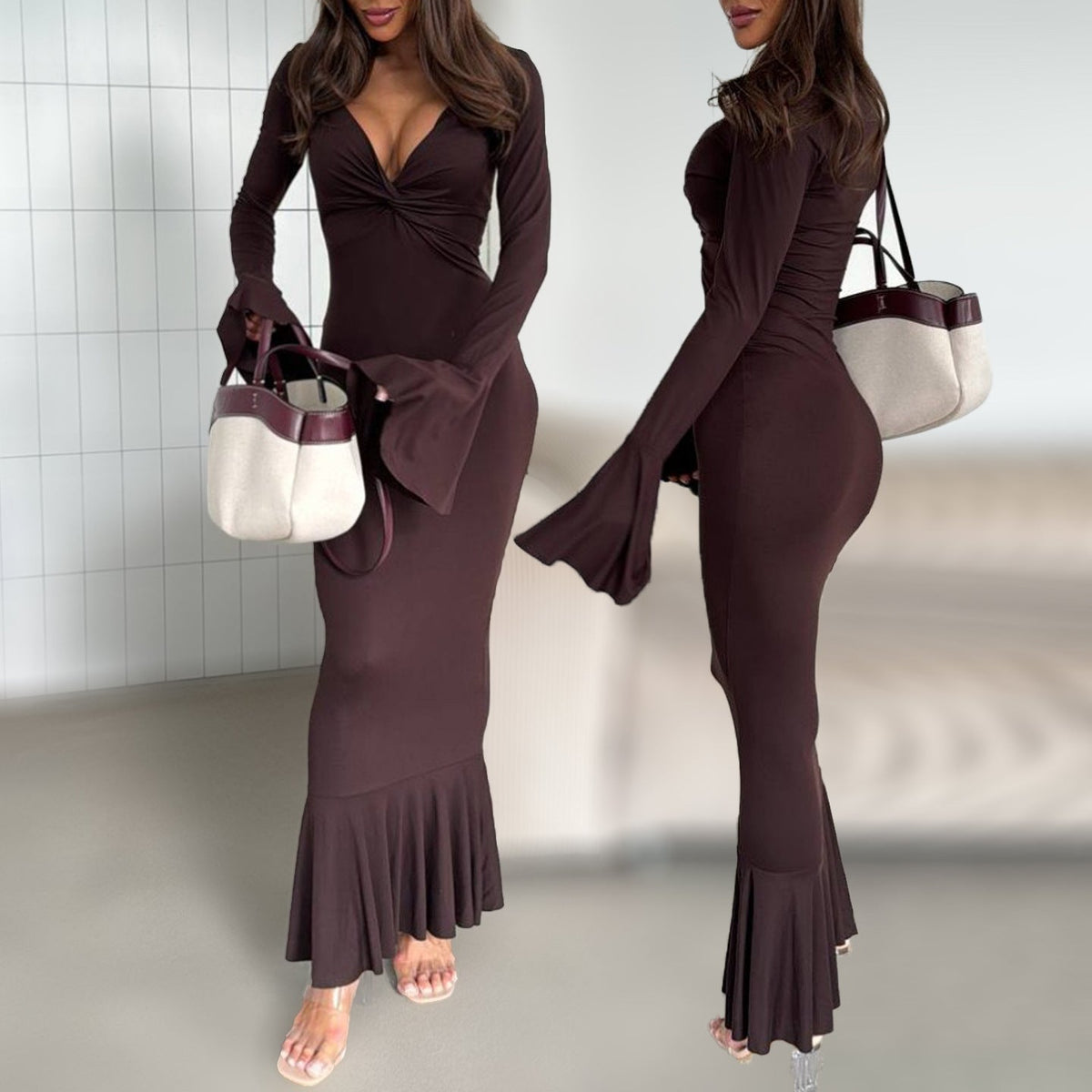 V-neck Elegant Ins Ruffle Sleeve Long Sleeve Summer Dress