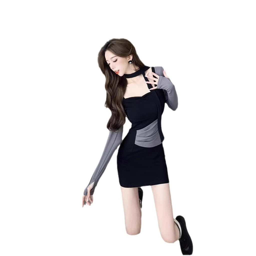 Pure Hot Girl Stitching Contrasting-color Dress Women's Slim Fit