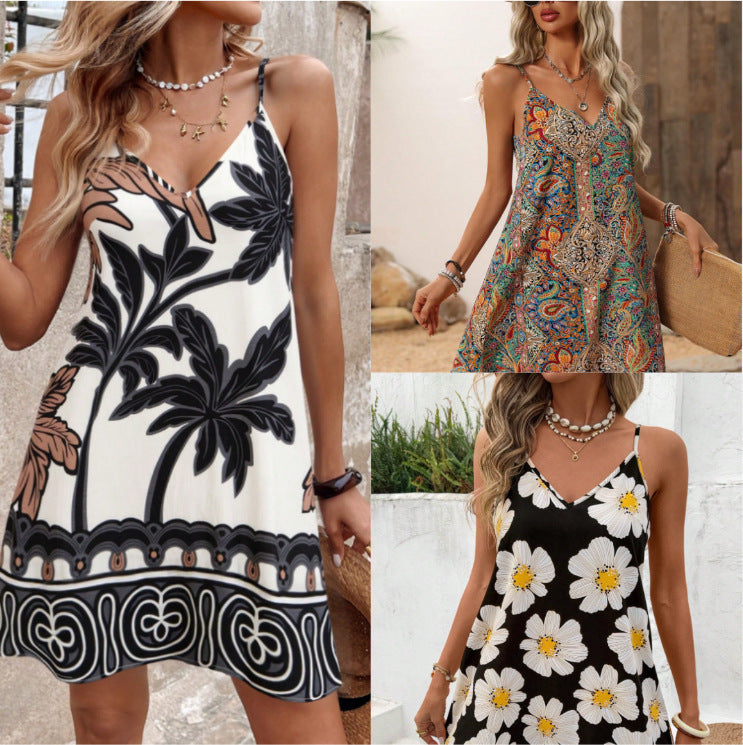 Strapless Printed V-neck Dress Women's Clothing