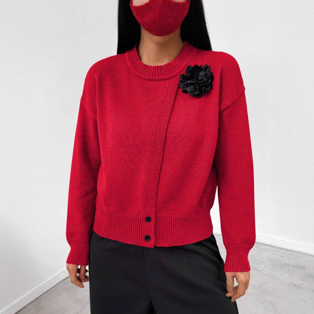 Women's Premium Elegant Solid Color Buttons Black Flower Knitted Pullover