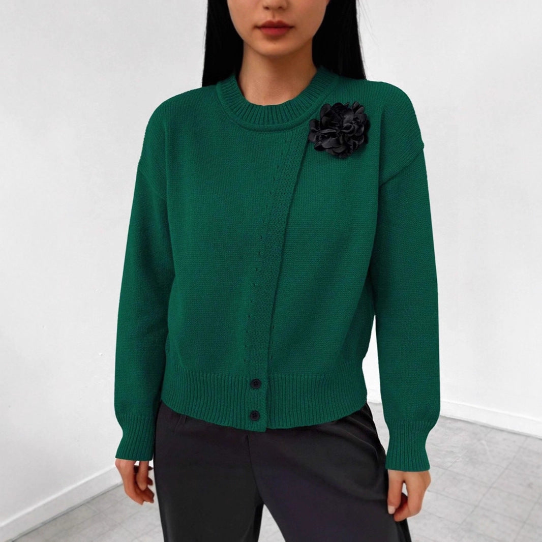 Women's Premium Elegant Solid Color Buttons Black Flower Knitted Pullover