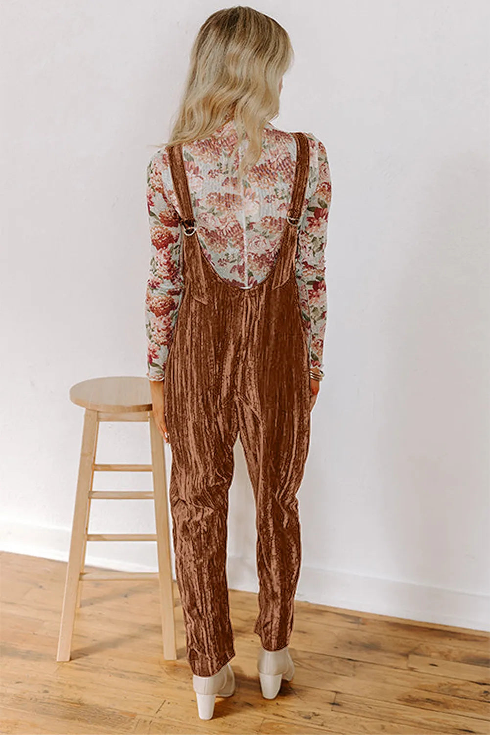 Chicory Coffee Velvet Adjustable Straps Patched Pocket Sleeveless Jumpsuit
