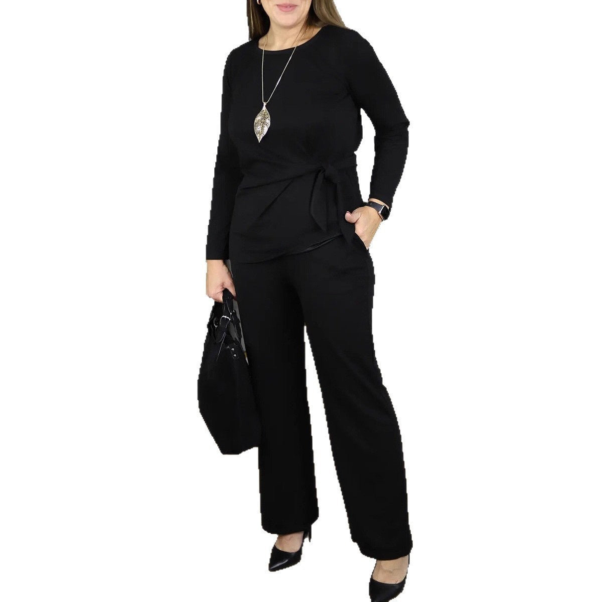 Women's Relaxed-fit Crew-neck Top And Casual Drawstring Pants Two-piece Set