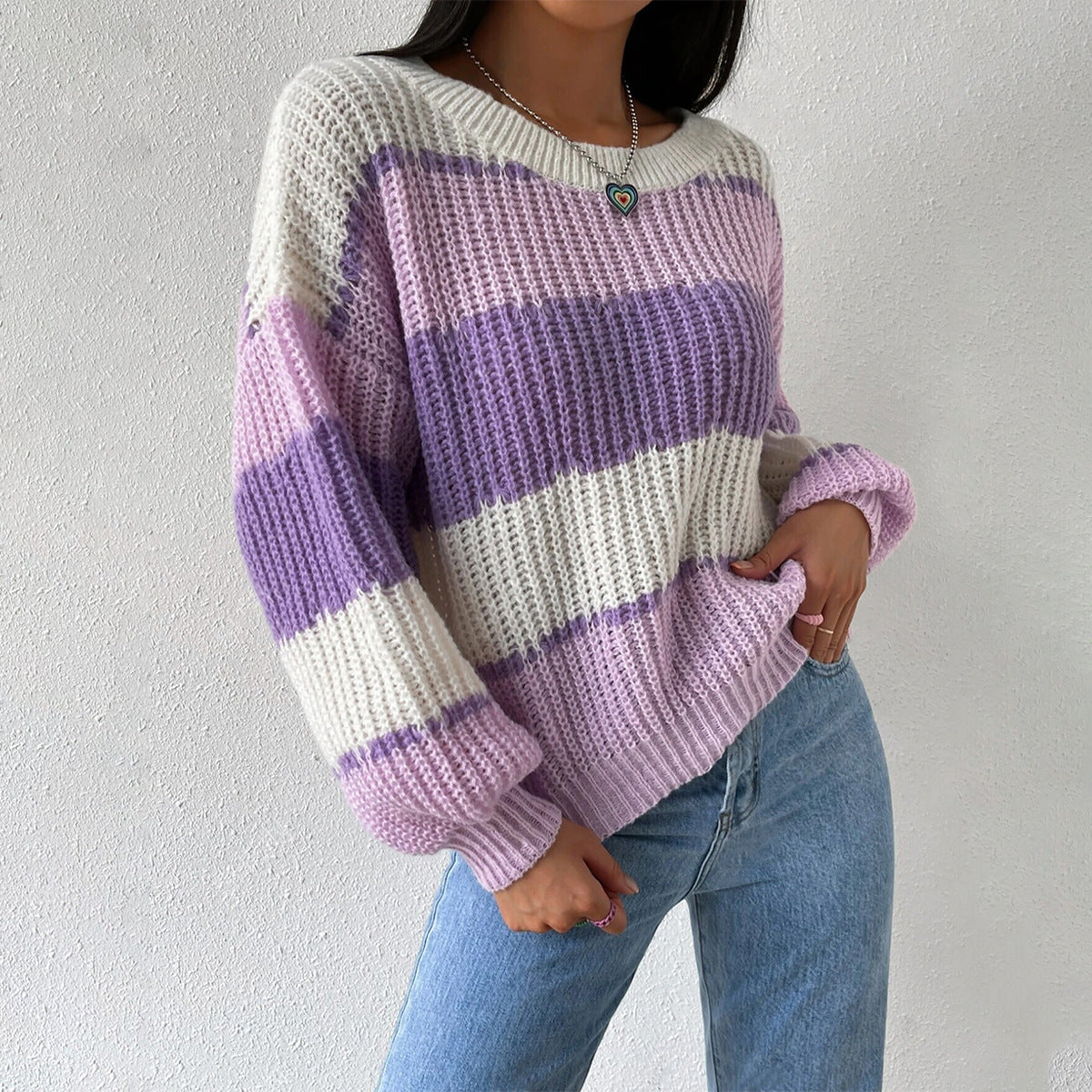 Autumn And Winter Long Sleeve Pullover Contrast Color Casual