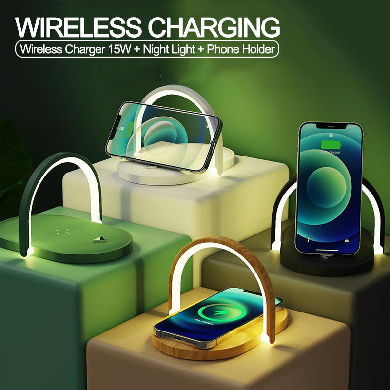 3-in-1 Wireless Charging Station with LED Night Light | 15W Fast Charger Desk Lamp
