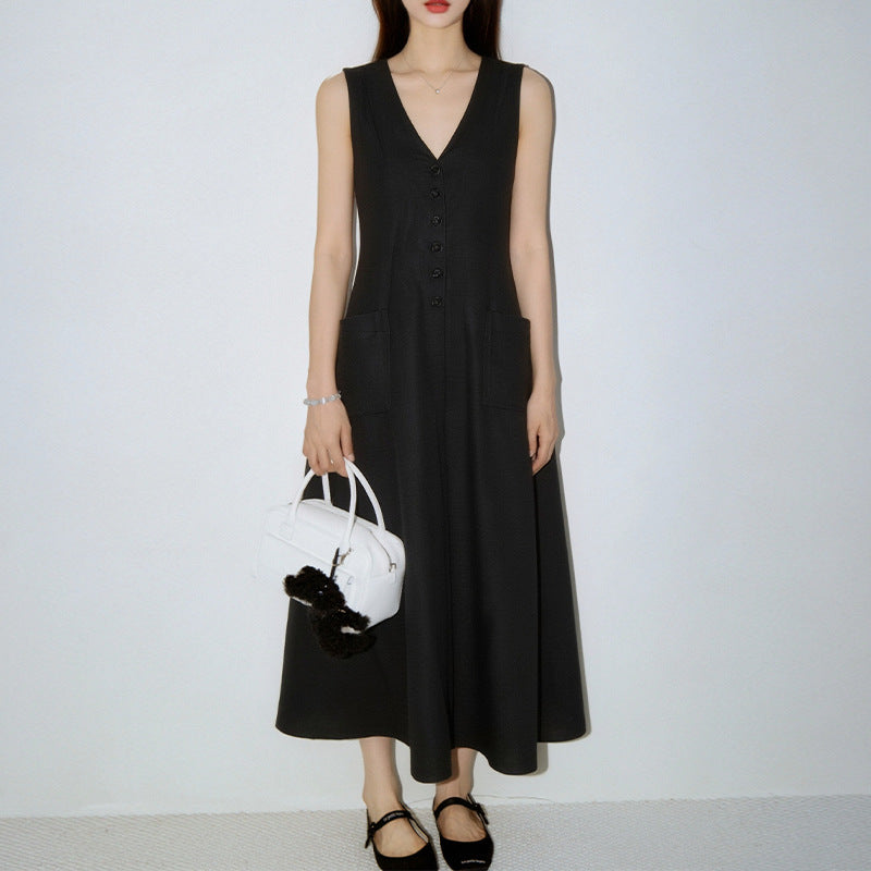 Women's Stylish & Elegant Solid-Color V-Neck Button-Up Dress