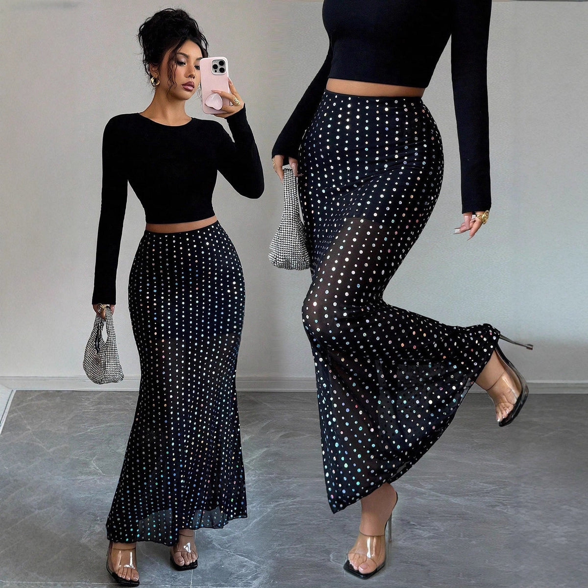 Shimmery Sequin Doublelayer Mesh Highwaist Figurehugging Hipskimming Skirt