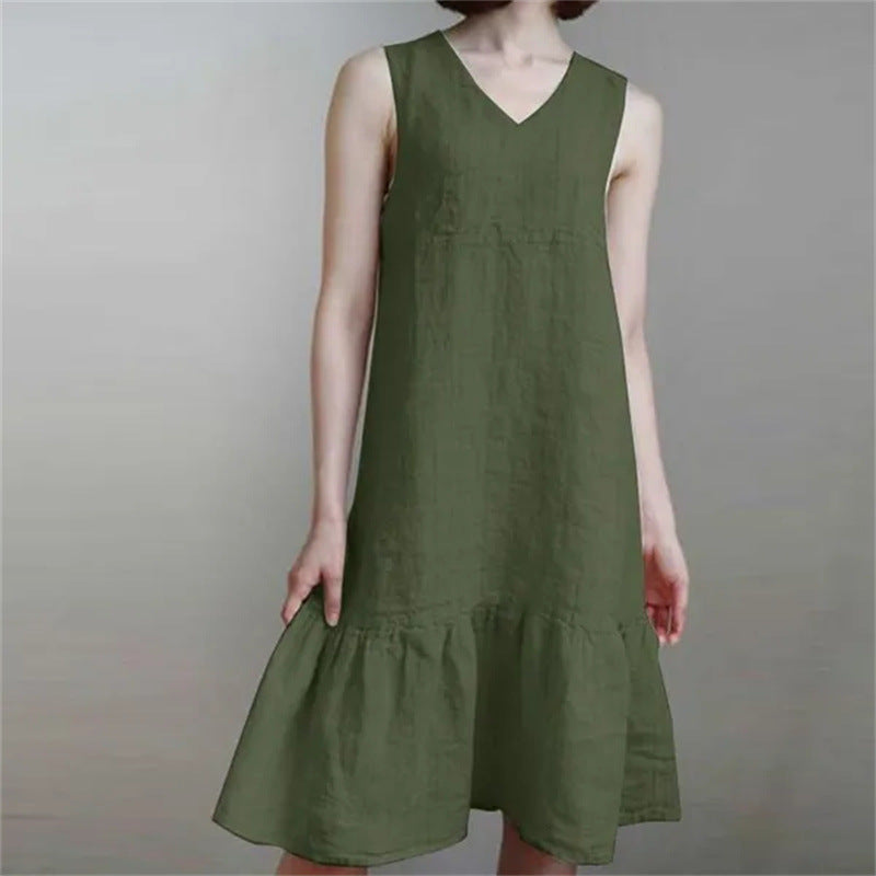 Loose-fit V-neck Solid-color Pleated Strap Sundress In Cotton And Linen