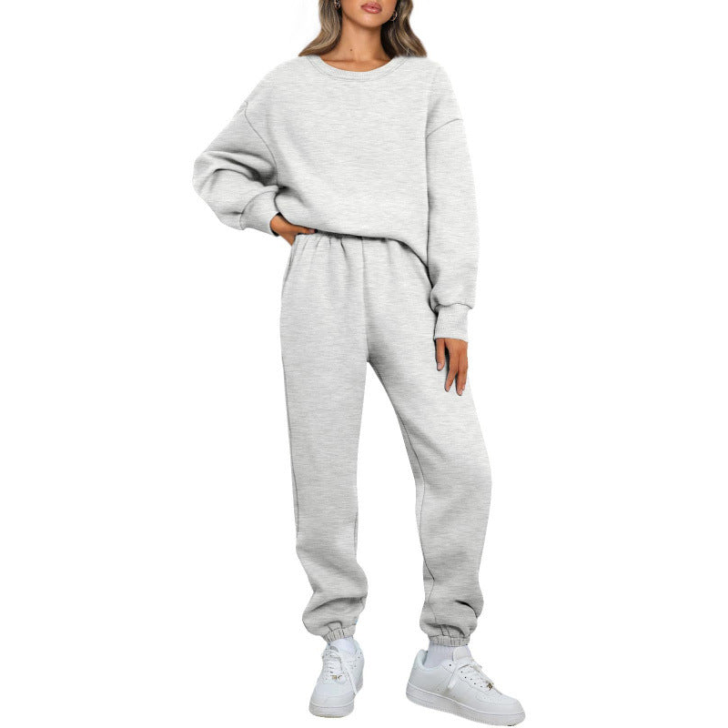 Winter Solid-color Fashionable Crew-neck Pullover With Fleece Lining